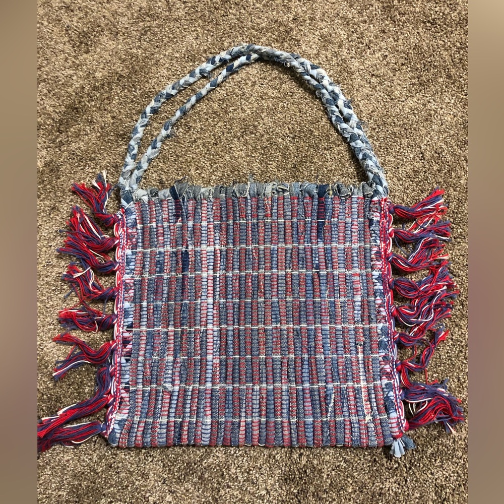 Denim scrap fringed handmade bag. Fun little bag from upcycled blue jeans. LOOK!